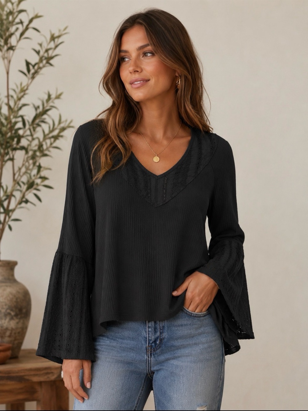 Free People Black V-Neck Ribbed Bell-Sleeve Tunic